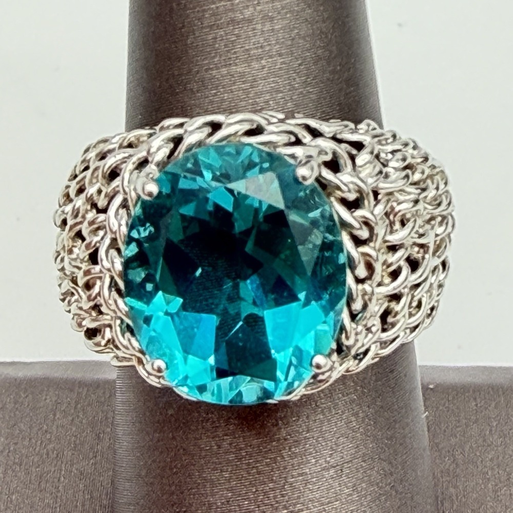 Vtg Sterling Silver Aqua Quartz Ring Brutalist Braided Statement Large S 7.25